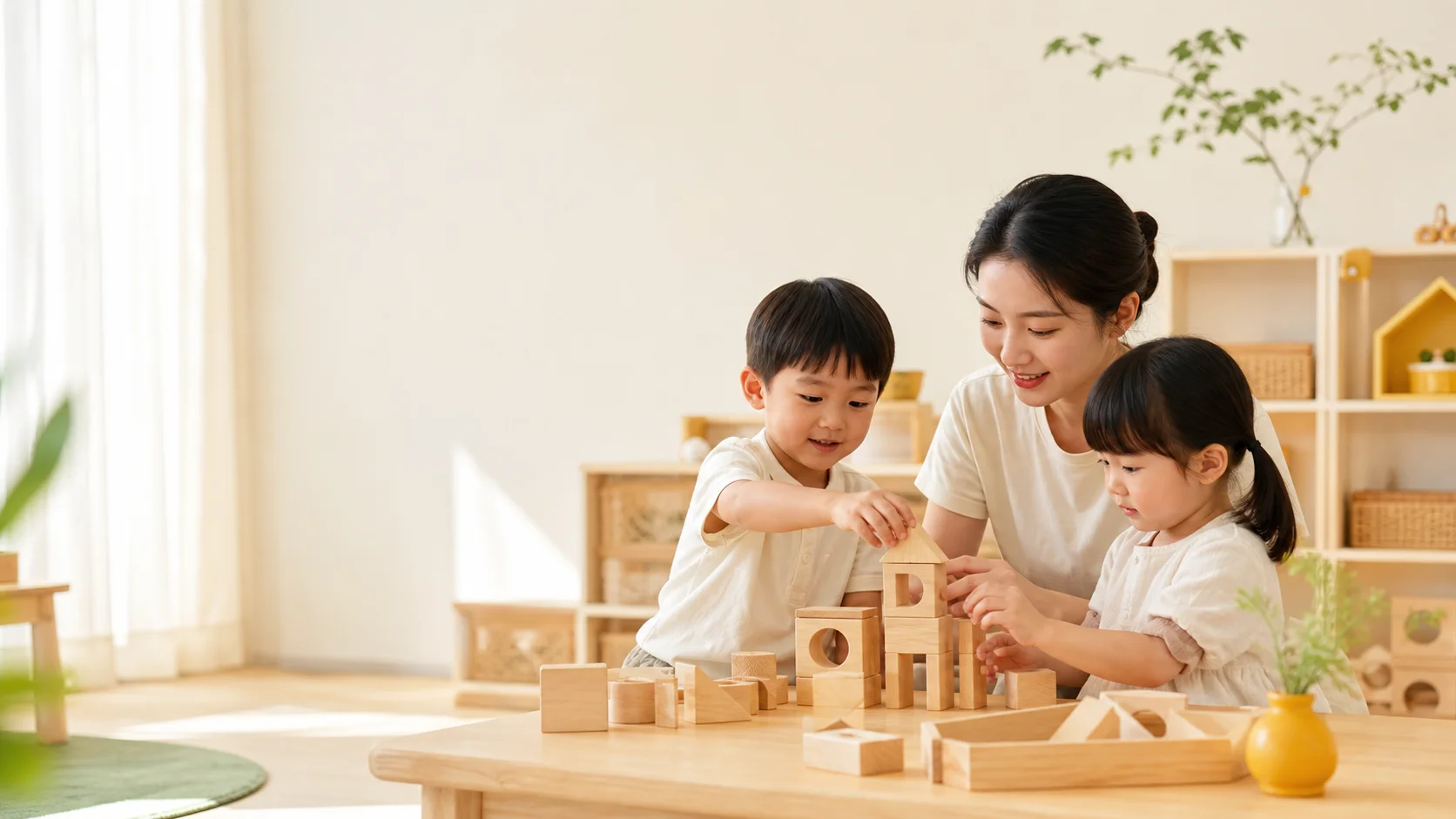 老师陪伴孩子在明亮课堂中一起探索积木